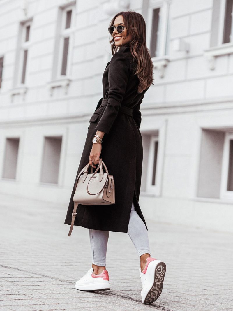 Manteau Pour Femmes Col Rabattu Ceinture Vêtements D'extérieur D'hiver - Noir