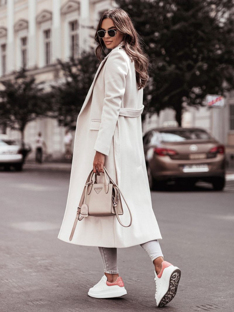 Manteau Pour Femmes Col Rabattu Ceinture Vêtements D'extérieur D'hiver - Blanc