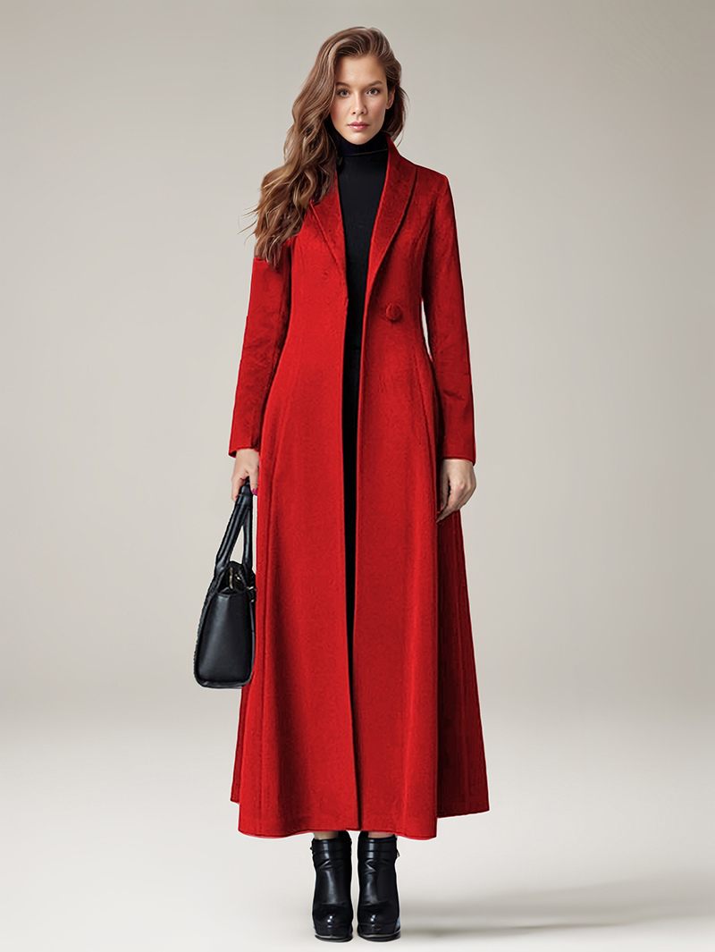 Manteau Laine Pour Femme Vêtement D'extérieur Chaud Et Long Hiver 2024 - Rouge