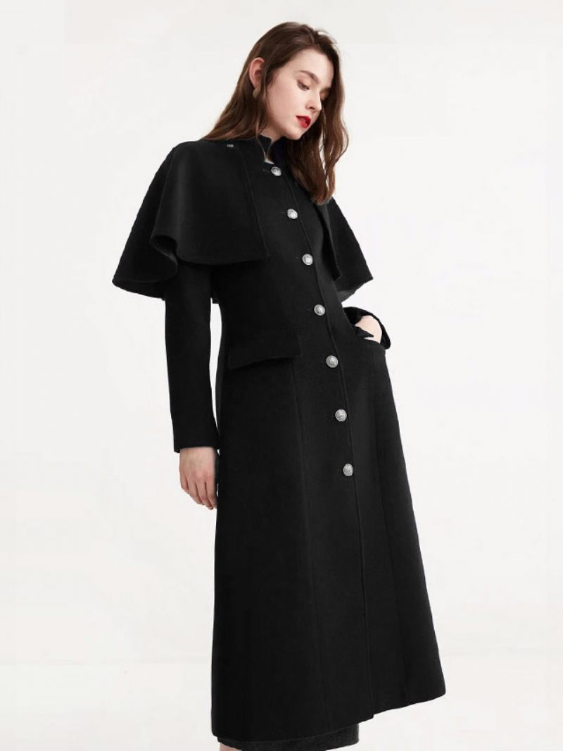 Manteau Laine Pour Femmes Cape Détachable Vêtements D'extérieur D'hiver - Noir