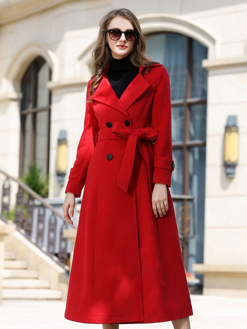 Manteau Laine Pour Femmes Ceinture Ture Rouge Vêtements D'extérieur D'hiver 2024 - Rouge Naturel