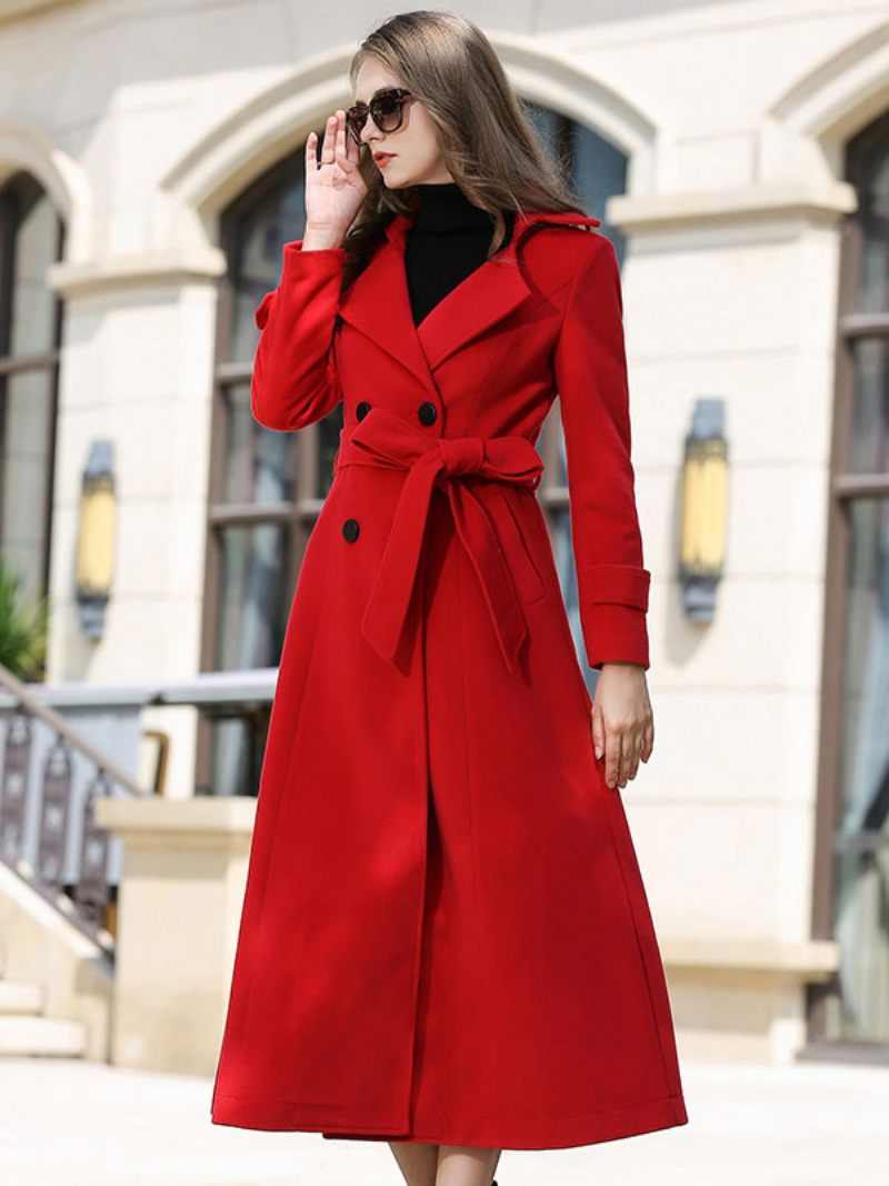 Manteau Laine Pour Femmes Ceinture Ture Rouge Vêtements D'extérieur D'hiver 2024 - Rouge Naturel