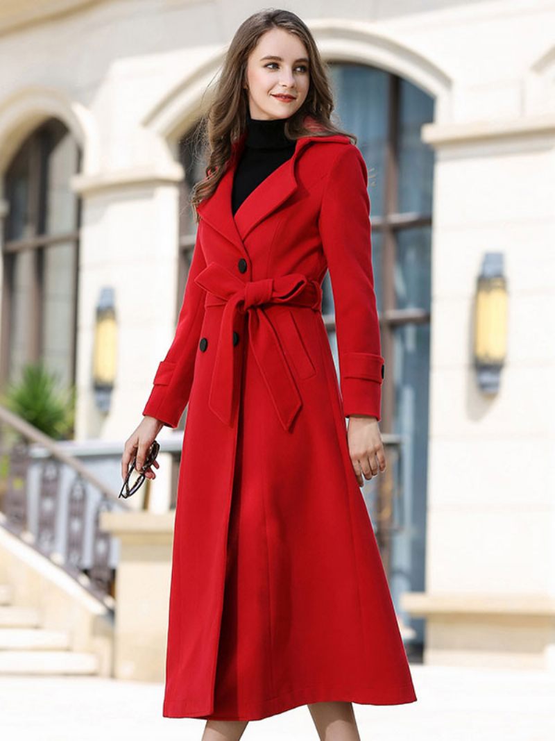 Manteau Laine Pour Femmes Ceinture Ture Rouge Vêtements D'extérieur D'hiver 2024 - Rouge Naturel