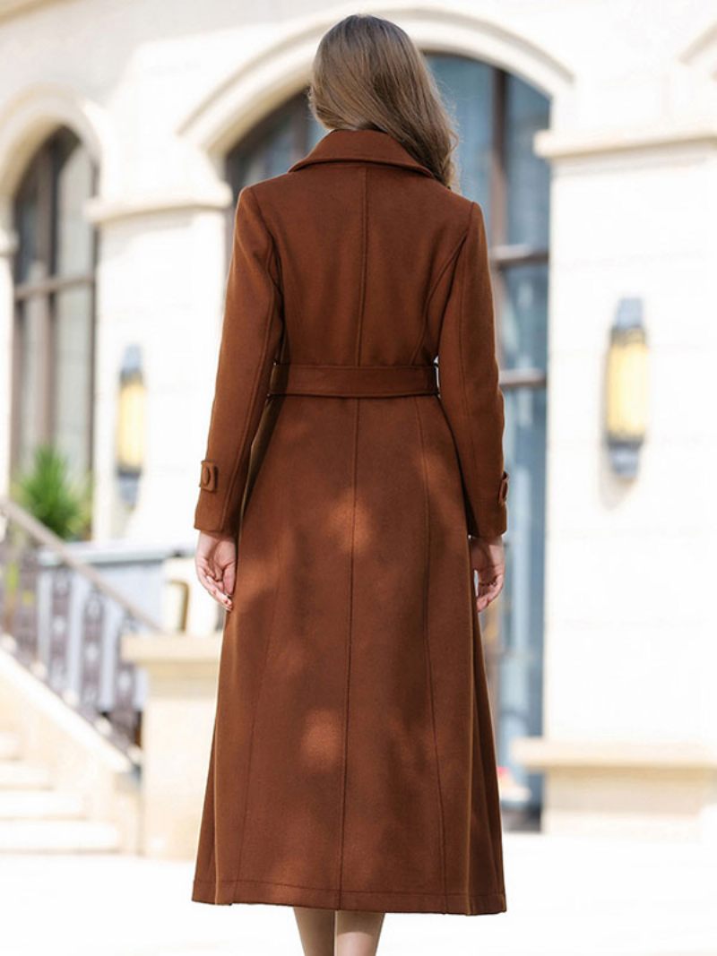 Manteau Laine Pour Femmes Vêtement D'extérieur Long Avec Ceinture Hiver 2024 - Marron Café