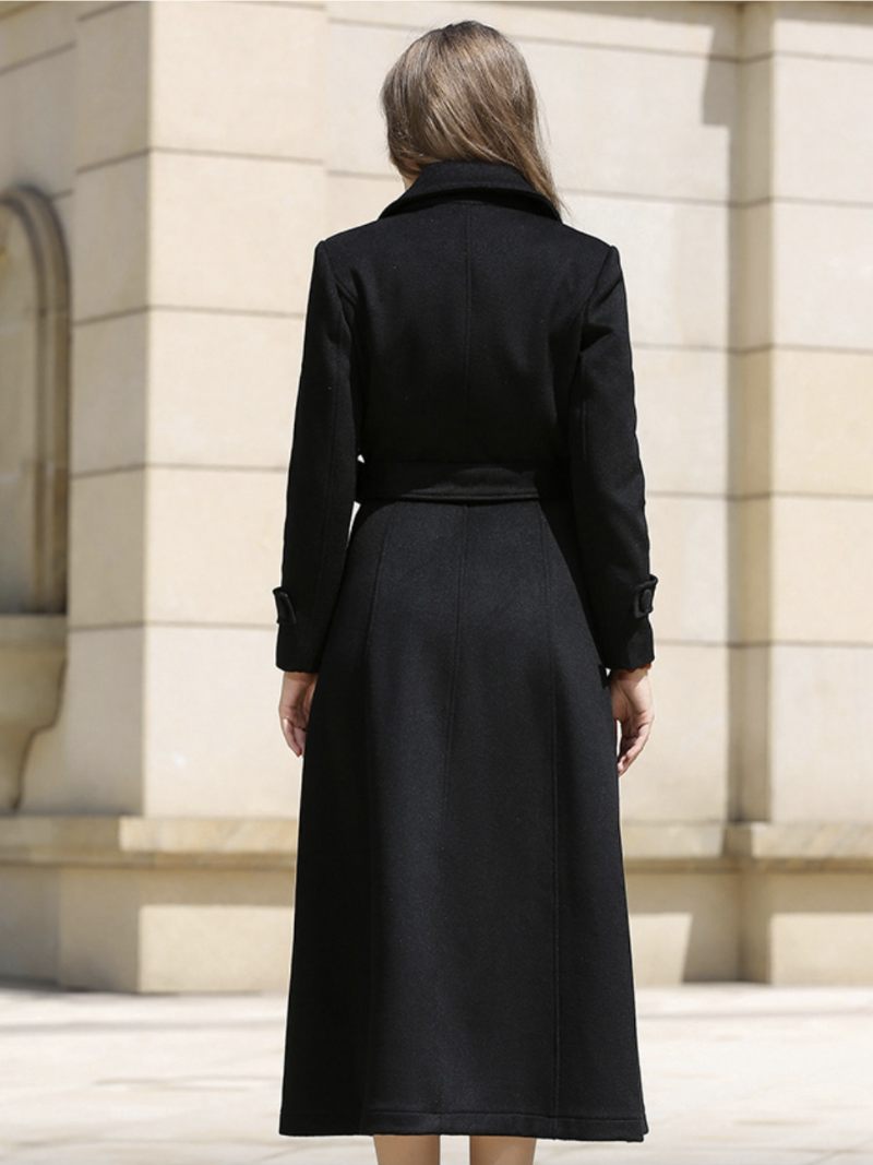 Manteau Laine Pour Femmes Vêtement D'extérieur Long Avec Ceinture Hiver 2024 - Noir