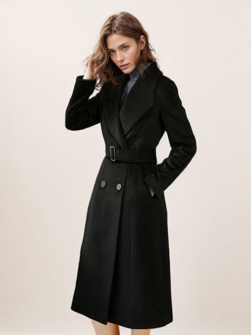 Manteau Laine Noir Pour Femmes Vêtements D'extérieur D'hiver Avec Ceinture 2024 - Noir