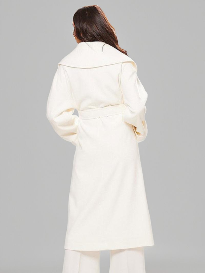 Manteau Long Blanc Pour Femmes Ceinture À Revers Chic Surdimensionné Vêtements D'extérieur D'hiver - Blanc