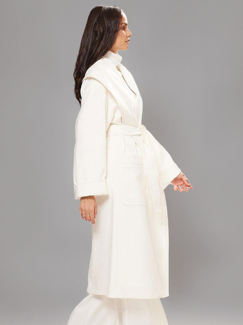 Manteau Long Blanc Pour Femmes Ceinture À Revers Chic Surdimensionné Vêtements D'extérieur D'hiver - Blanc