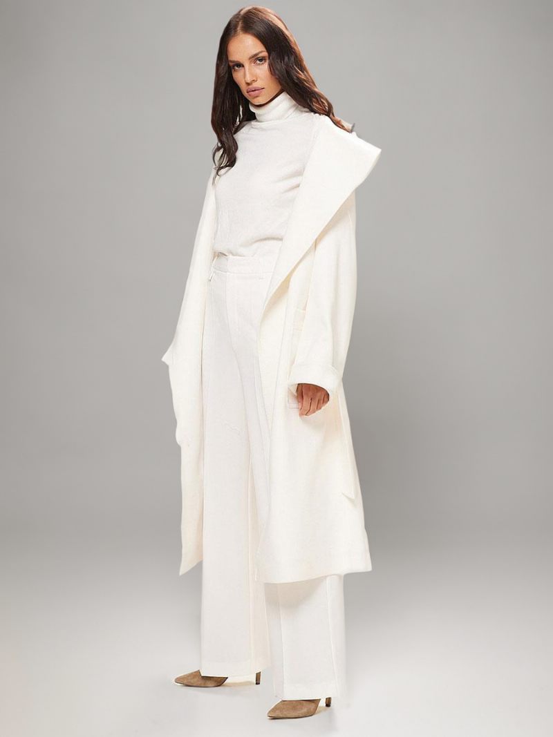 Manteau Long Blanc Pour Femmes Ceinture À Revers Chic Surdimensionné Vêtements D'extérieur D'hiver - Blanc