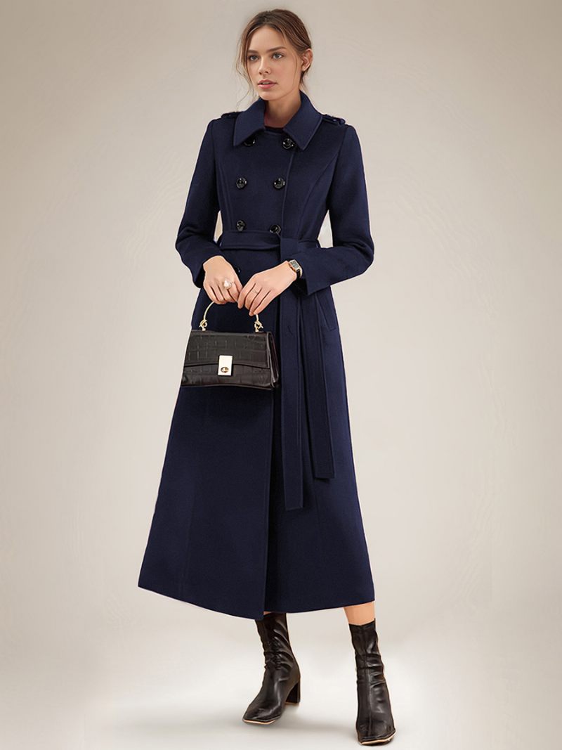 Manteau Long À Double Boutonnage Et Ceinture Pour Femme Vêtement D'extérieur Mélange Laine L'hiver - Marine Foncé