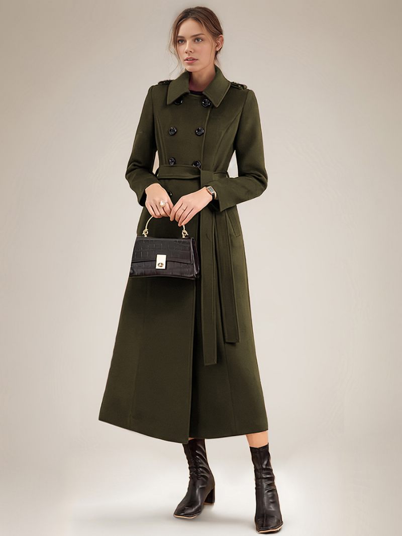 Manteau Long À Double Boutonnage Et Ceinture Pour Femme Vêtement D'extérieur Mélange Laine L'hiver - Vert Chasseur