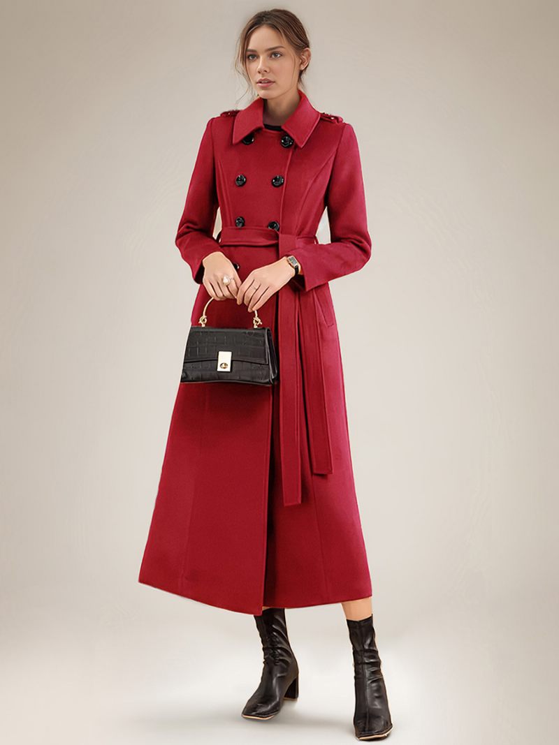 Manteau Long À Double Boutonnage Et Ceinture Pour Femme Vêtement D'extérieur Mélange Laine L'hiver - Rouge