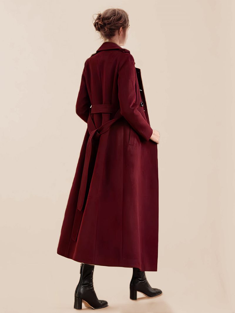 Manteau Long À Double Boutonnage Et Ceinture Pour Femme Vêtement D'extérieur Mélange Laine L'hiver - Bourgogne