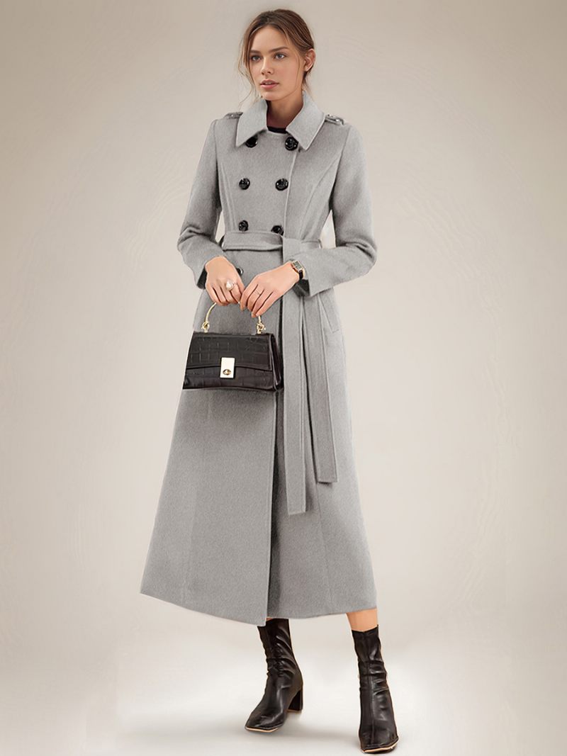 Manteau Long À Double Boutonnage Et Ceinture Pour Femme Vêtement D'extérieur Mélange Laine L'hiver - Gris Clair