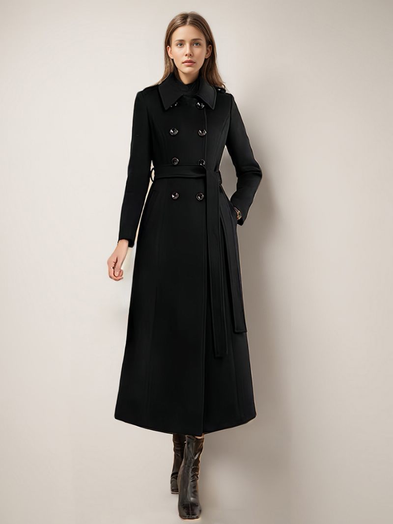 Manteau Long À Double Boutonnage Et Ceinture Pour Femme Vêtement D'extérieur Mélange Laine L'hiver - Noir