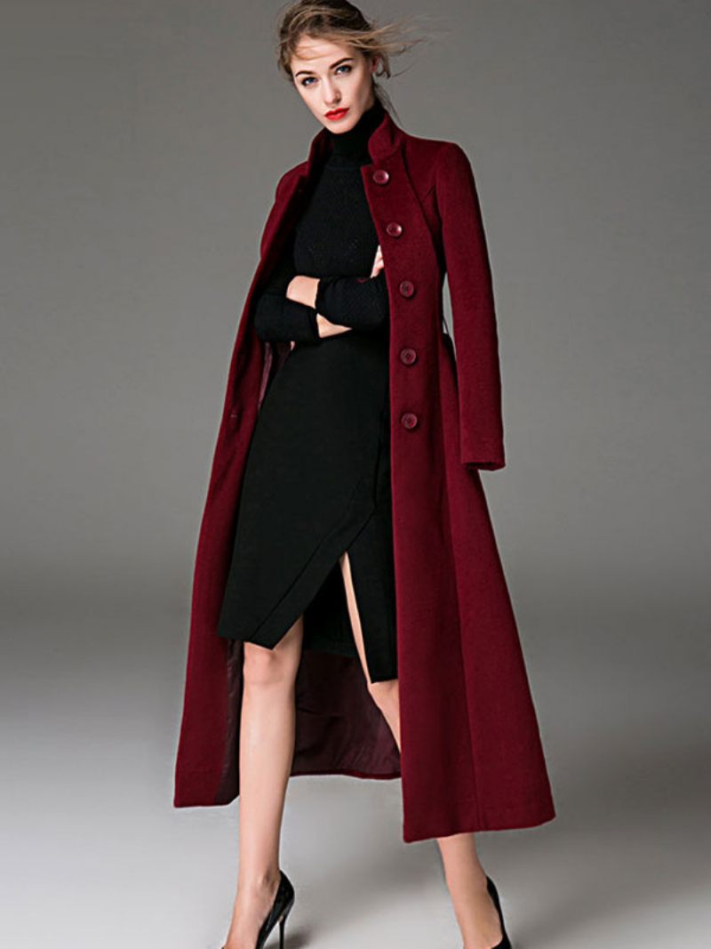 Manteau Long Femme Ceinture Bordeaux Vêtements D'extérieur D'hiver