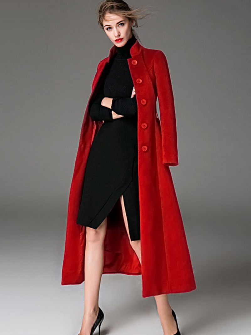 Manteau Long Femme Ceinture Bordeaux Vêtements D'extérieur D'hiver - Rouge