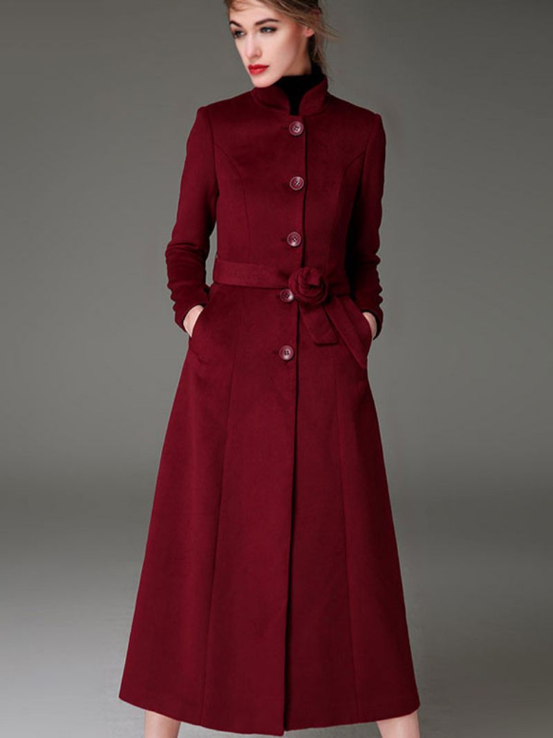 Manteau Long Femme Ceinture Bordeaux Vêtements D'extérieur D'hiver - Bourgogne