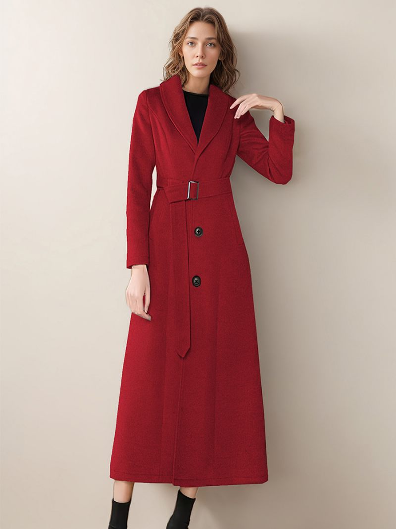 Manteau Long Pour Femme Col Rabattu Manches Longues Boutons Vêtements D'extérieur D'hiver - Rouge