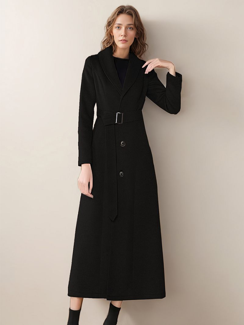 Manteau Long Pour Femme Col Rabattu Manches Longues Boutons Vêtements D'extérieur D'hiver - Noir