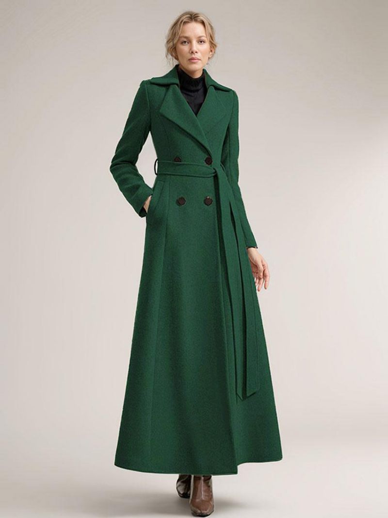 Manteau Long Laine Pour Femmes Ceinture Vêtements D'extérieur Chauds D'hiver 2024 - Vert