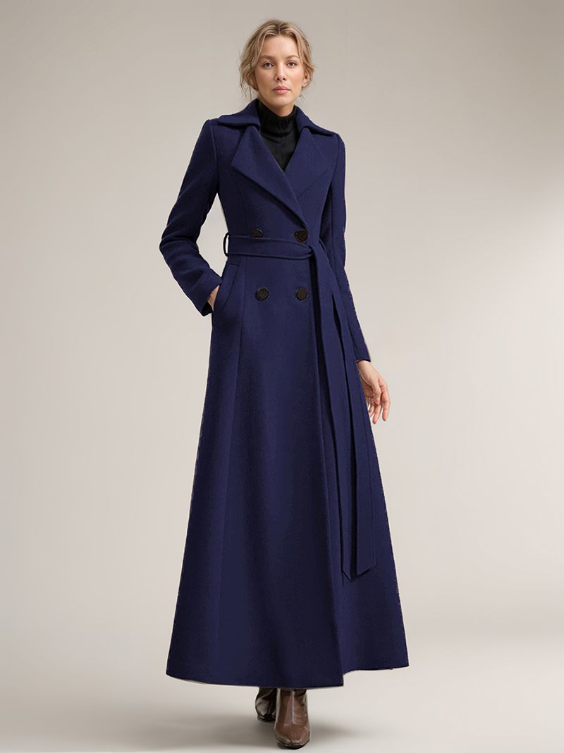 Manteau Long Laine Pour Femmes Ceinture Vêtements D'extérieur Chauds D'hiver 2024 - Marine Foncé