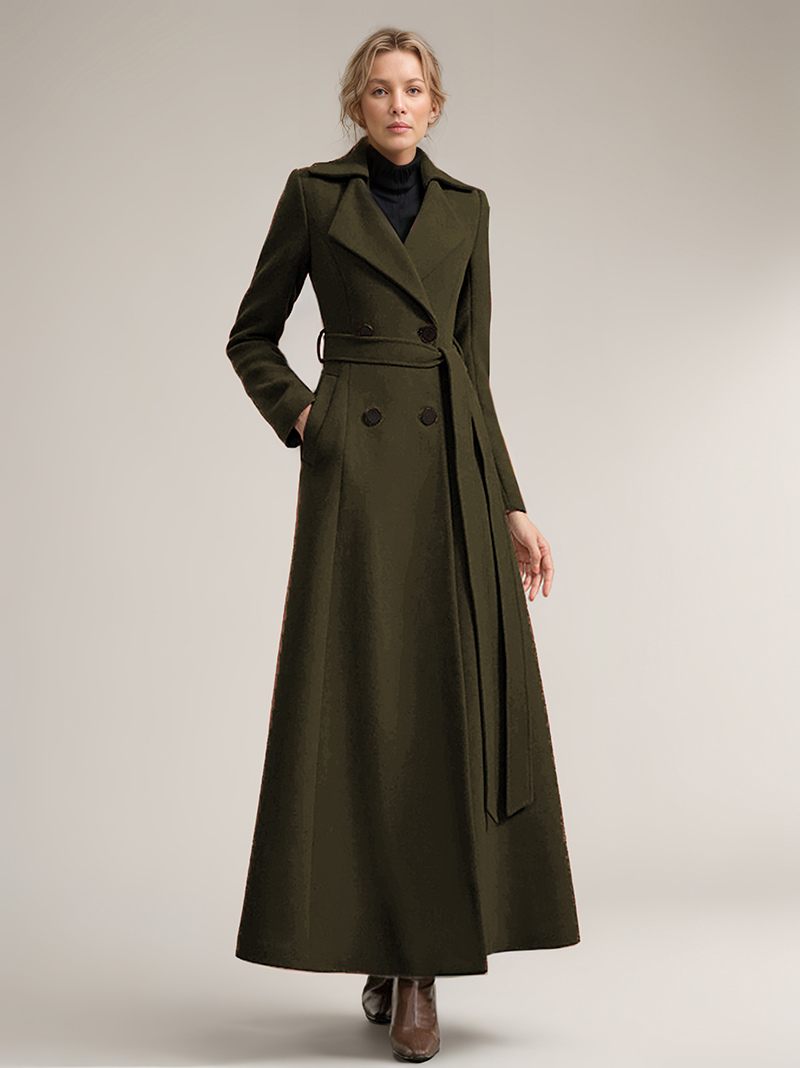 Manteau Long Laine Pour Femmes Ceinture Vêtements D'extérieur Chauds D'hiver 2024 - Vert Chasseur