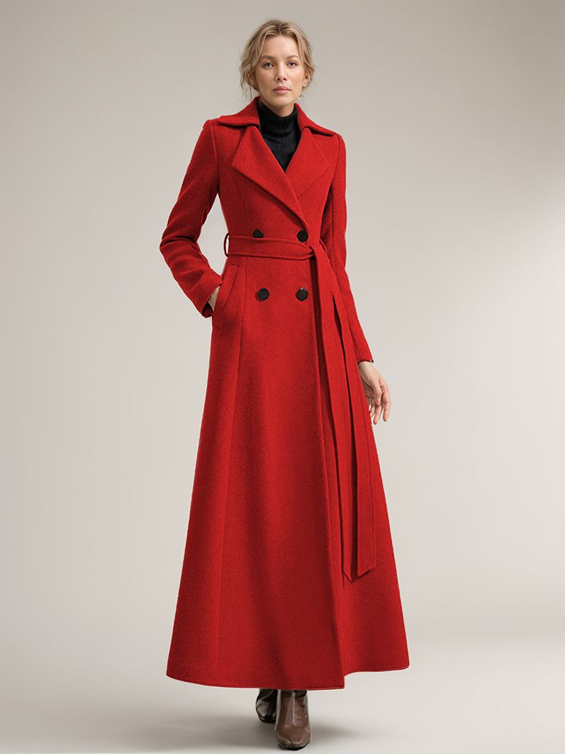 Manteau Long Laine Pour Femmes Ceinture Vêtements D'extérieur Chauds D'hiver 2024 - Rouge