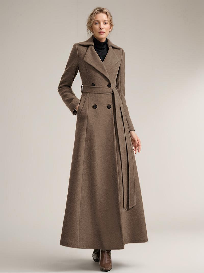 Manteau Long Laine Pour Femmes Ceinture Vêtements D'extérieur Chauds D'hiver 2024 - Marron Foncé