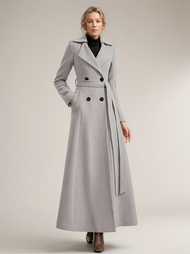 Manteau Long Laine Pour Femmes Ceinture Vêtements D'extérieur Chauds D'hiver 2024 - Gris Clair