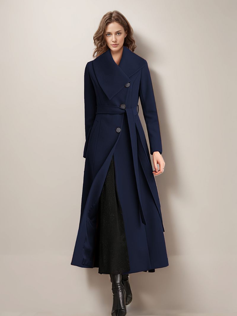 Manteau Long Laine Pour Femmes Ceinture Vêtements D'extérieur Chauds D'hiver 2024 - Marine Foncé