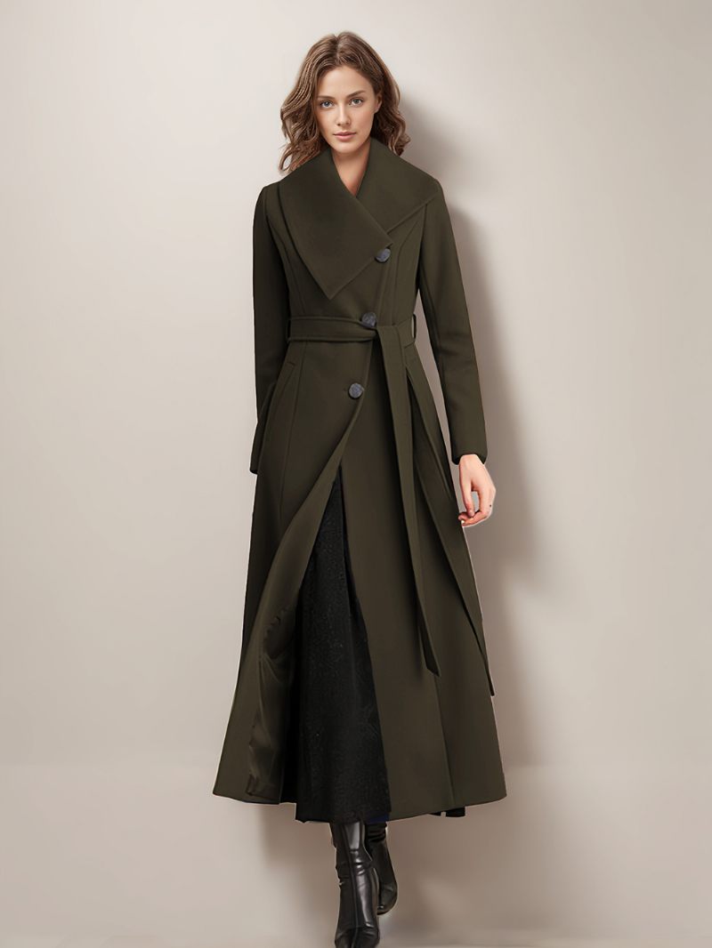 Manteau Long Laine Pour Femmes Ceinture Vêtements D'extérieur Chauds D'hiver 2024 - Vert Chasseur