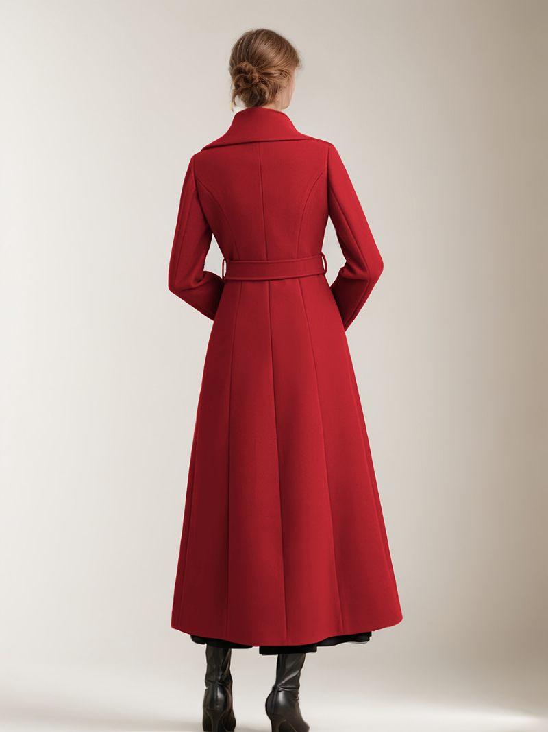 Manteau Long Laine Pour Femmes Ceinture Vêtements D'extérieur Chauds D'hiver 2024 - Rouge