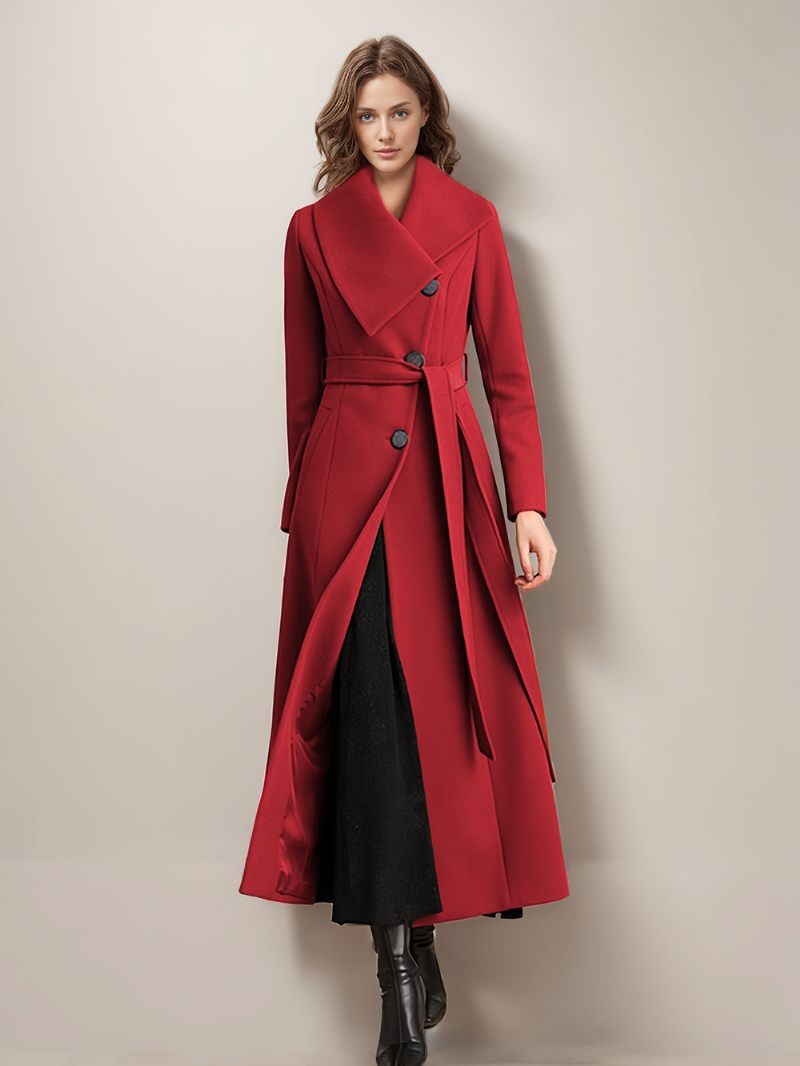 Manteau Long Laine Pour Femmes Ceinture Vêtements D'extérieur Chauds D'hiver 2024 - Rouge