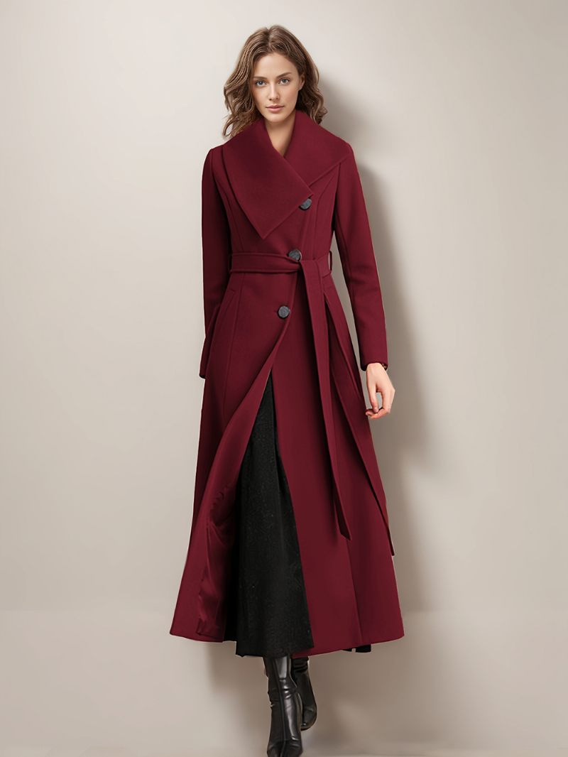 Manteau Long Laine Pour Femmes Ceinture Vêtements D'extérieur Chauds D'hiver 2024 - Bourgogne