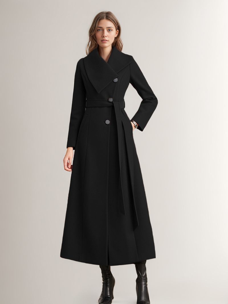 Manteau Long Laine Pour Femmes Ceinture Vêtements D'extérieur Chauds D'hiver 2024 - Noir