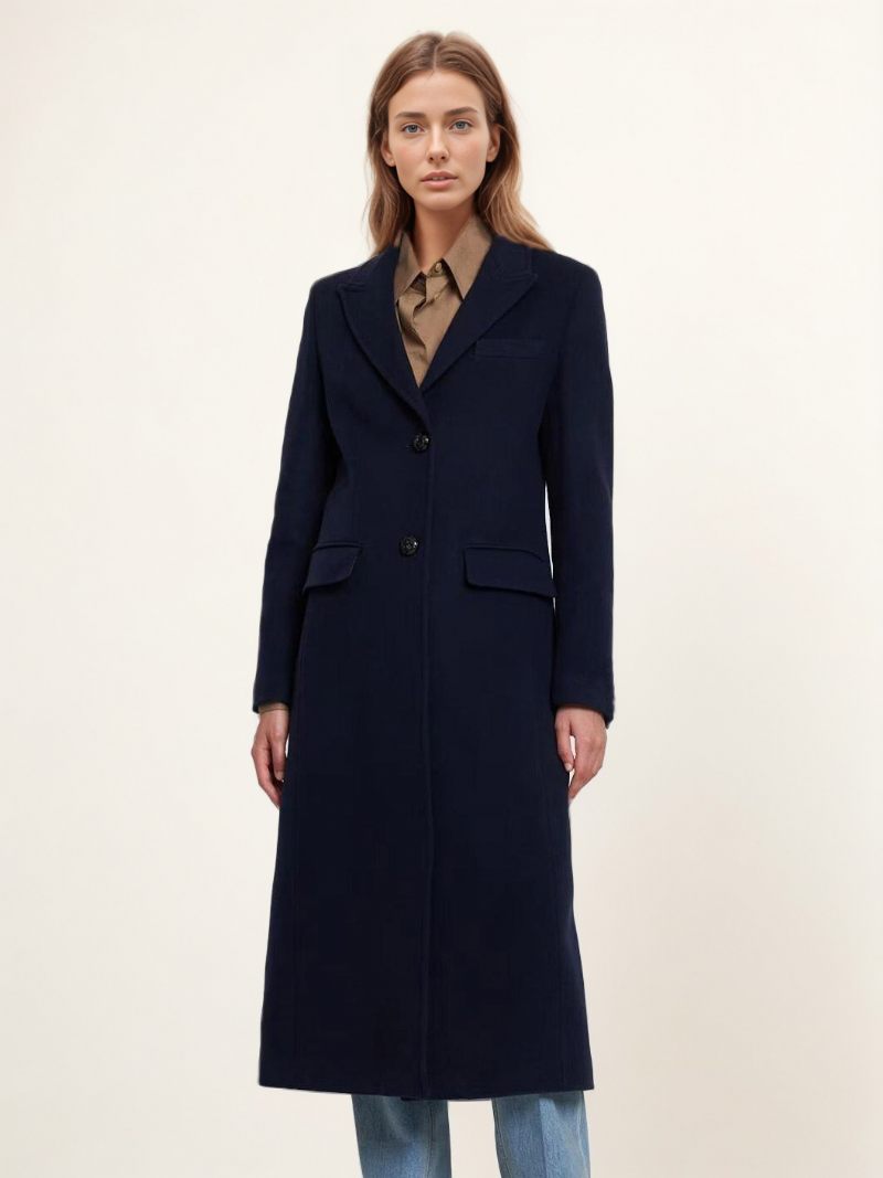 Manteau Long Laine À Revers Simple Poitrine Vêtements D'extérieur D'hiver Pour Femmes - Marine Foncé