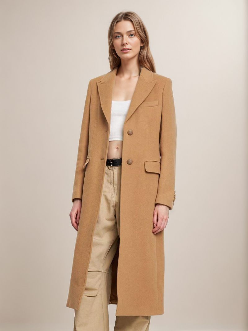 Manteau Long Laine À Revers Simple Poitrine Vêtements D'extérieur D'hiver Pour Femmes - Camel