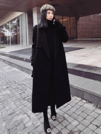 Manteau Long Noir Classique Avec Poches À Revers Pour Femmes Vêtements D'extérieur D'hiver