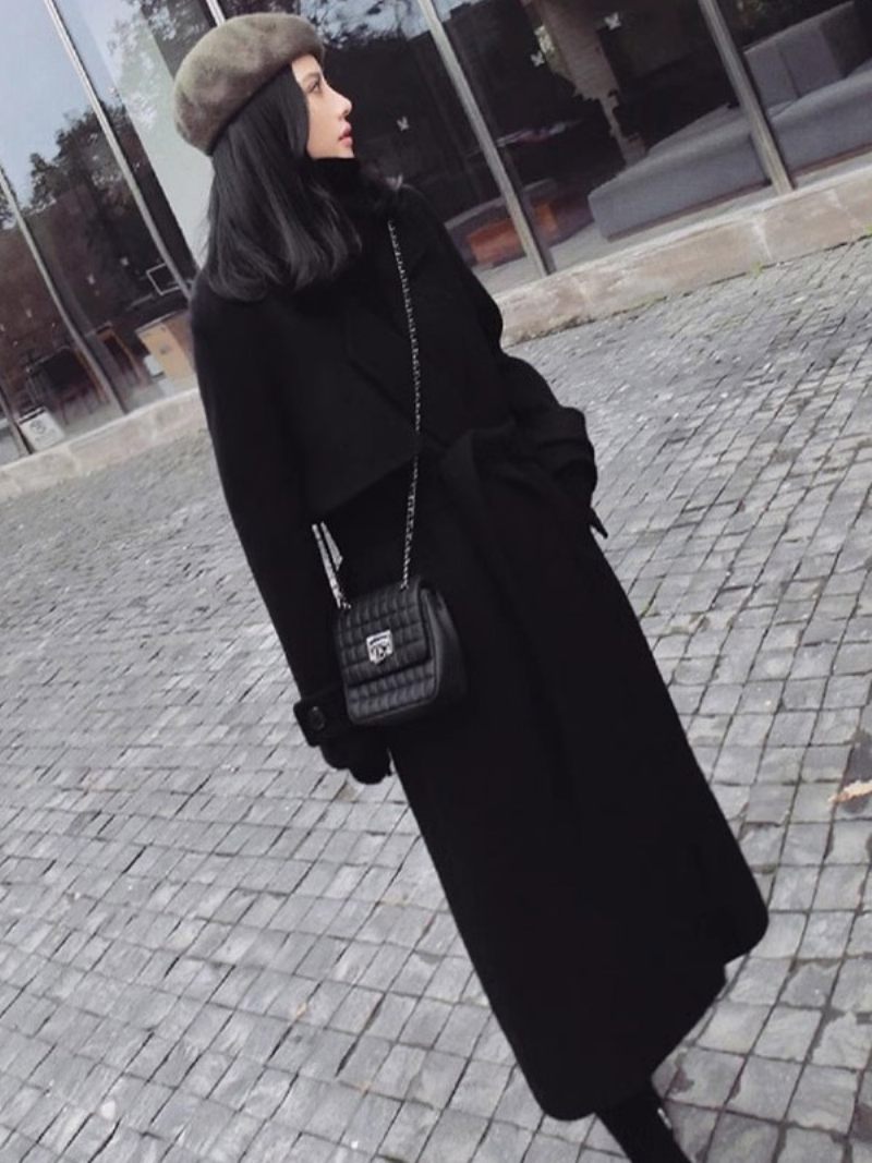 Manteau Long Noir Classique Avec Poches À Revers Pour Femmes Vêtements D'extérieur D'hiver - Noir