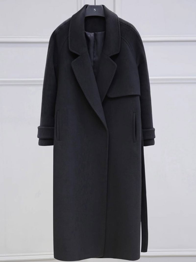 Manteau Long Noir Classique Avec Poches À Revers Pour Femmes Vêtements D'extérieur D'hiver - Noir