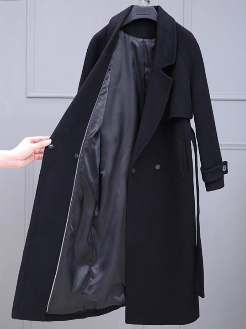 Manteau Long Noir Classique Avec Poches À Revers Pour Femmes Vêtements D'extérieur D'hiver - Noir