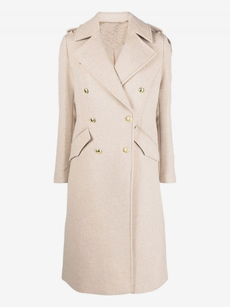 Manteau Long À Revers Et Double Poitrine Avec Poches Inclinées Vêtements D'extérieur Pour Femmes - Jaune Clair Clair