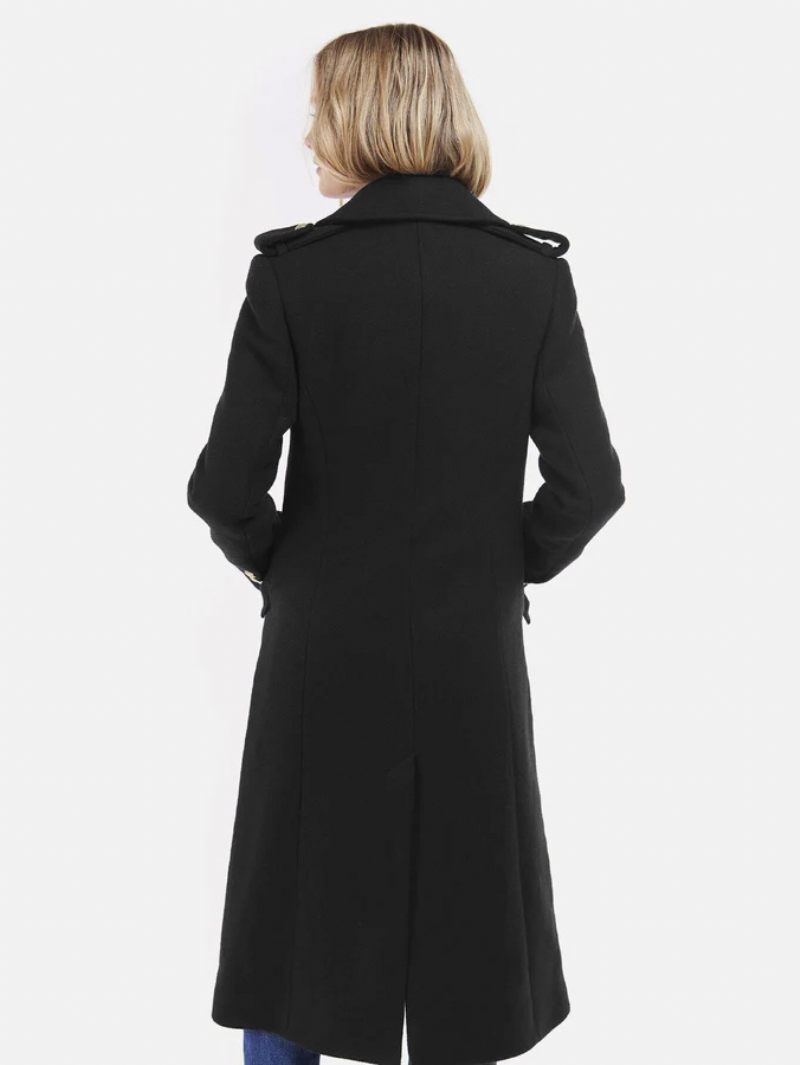 Manteau Long À Revers Et Double Poitrine Avec Poches Inclinées Vêtements D'extérieur Pour Femmes - Noir