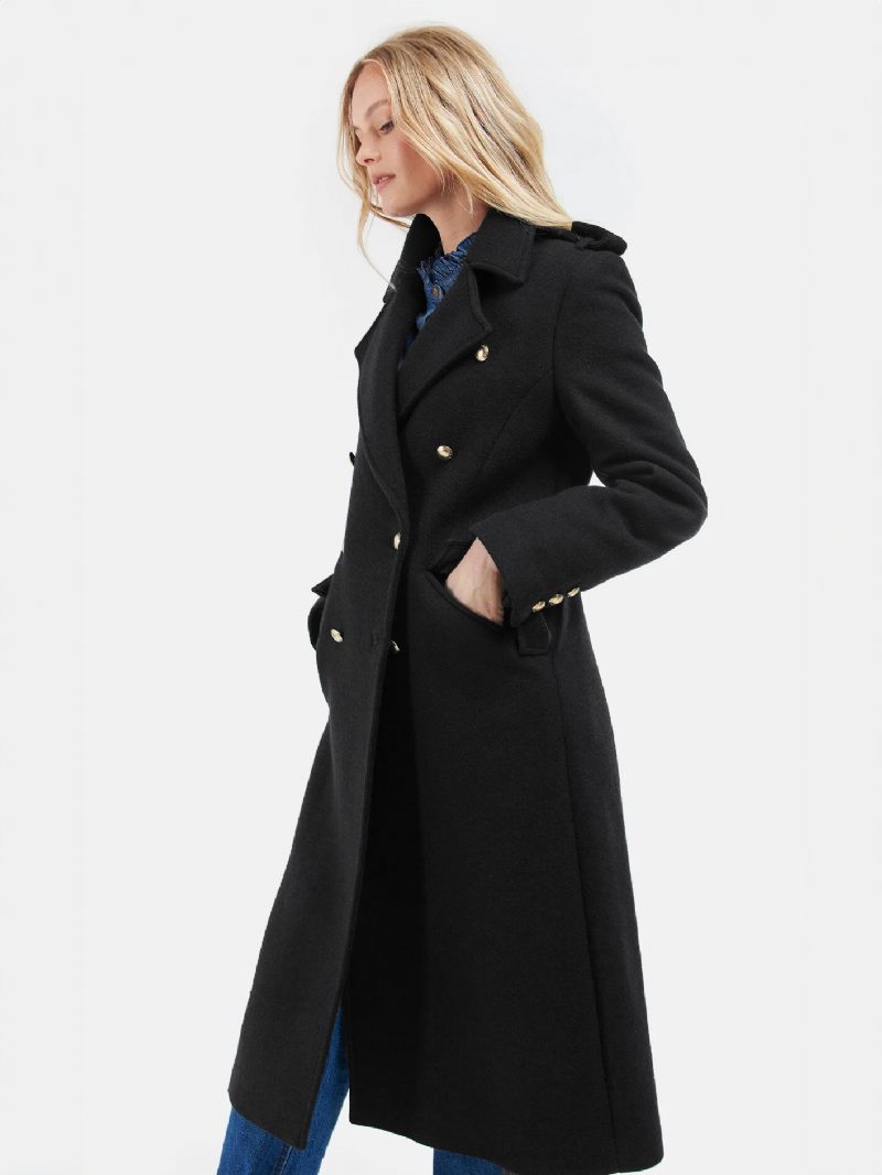 Manteau Long À Revers Et Double Poitrine Avec Poches Inclinées Vêtements D'extérieur Pour Femmes - Noir