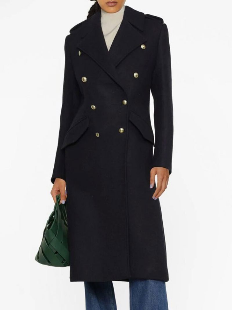 Manteau Long À Revers Et Double Poitrine Avec Poches Inclinées Vêtements D'extérieur Pour Femmes - Noir