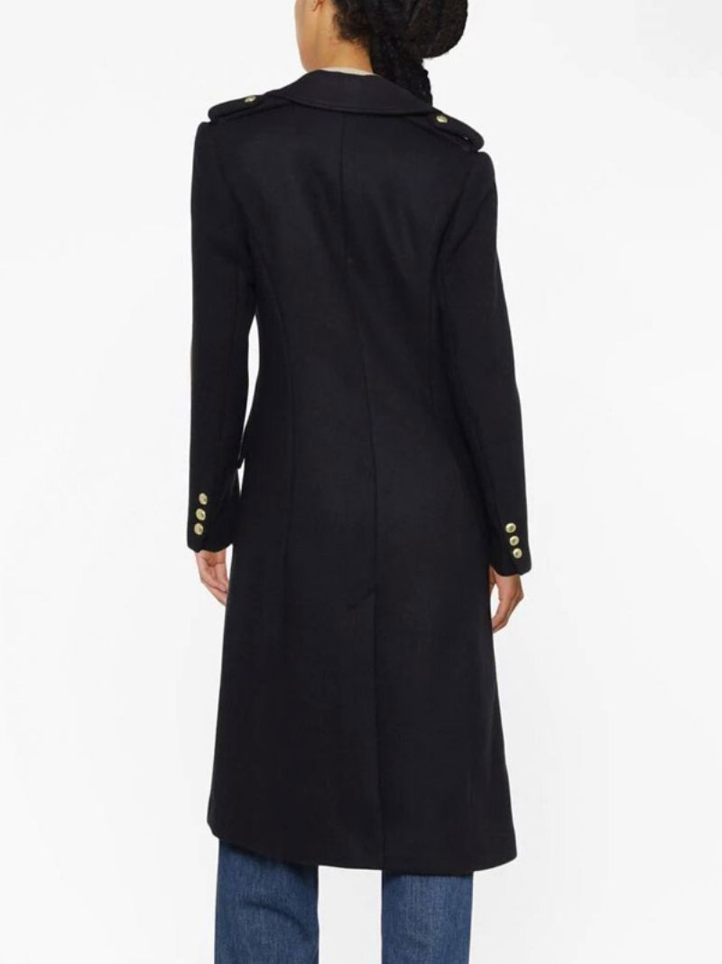 Manteau Long À Revers Et Double Poitrine Avec Poches Inclinées Vêtements D'extérieur Pour Femmes - Noir