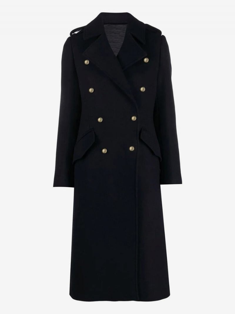 Manteau Long À Revers Et Double Poitrine Avec Poches Inclinées Vêtements D'extérieur Pour Femmes - Noir