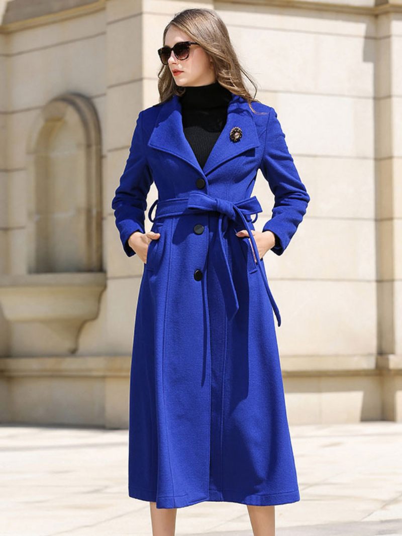 Manteau Portefeuille Pour Femmes Bleu Royal Ceinture Vêtements D'extérieur Laine Hiver 2024 - Bleu Royal