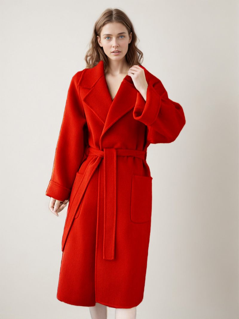 Manteau Portefeuille Pour Femmes Grandes Poches À Revers Couleur Unie Vêtements D'extérieur D'hiver - Rouge